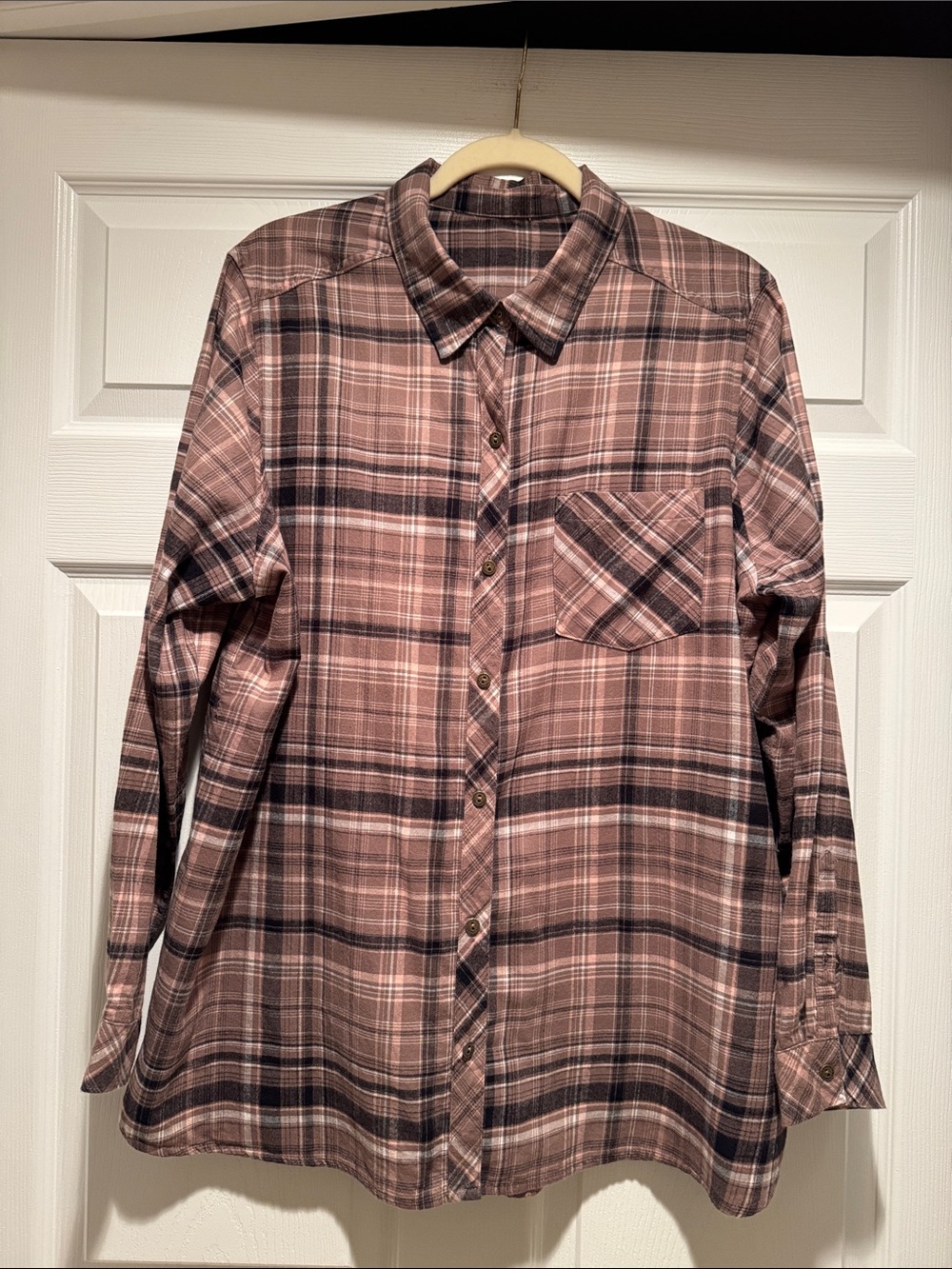 Women’s Beige/Black/Peach Plaid Button-Up Long Sleeve Soft Cotton Shirt
